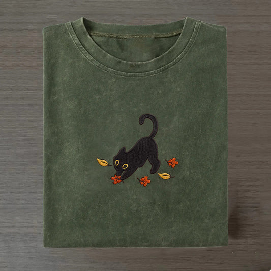 Cat Pouncing Leaves Embroidered T-shirt